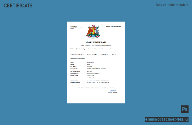 Grenada Personenstandsurkunde (Sterbeurkunde) – Beispielansicht (Word und PDF)